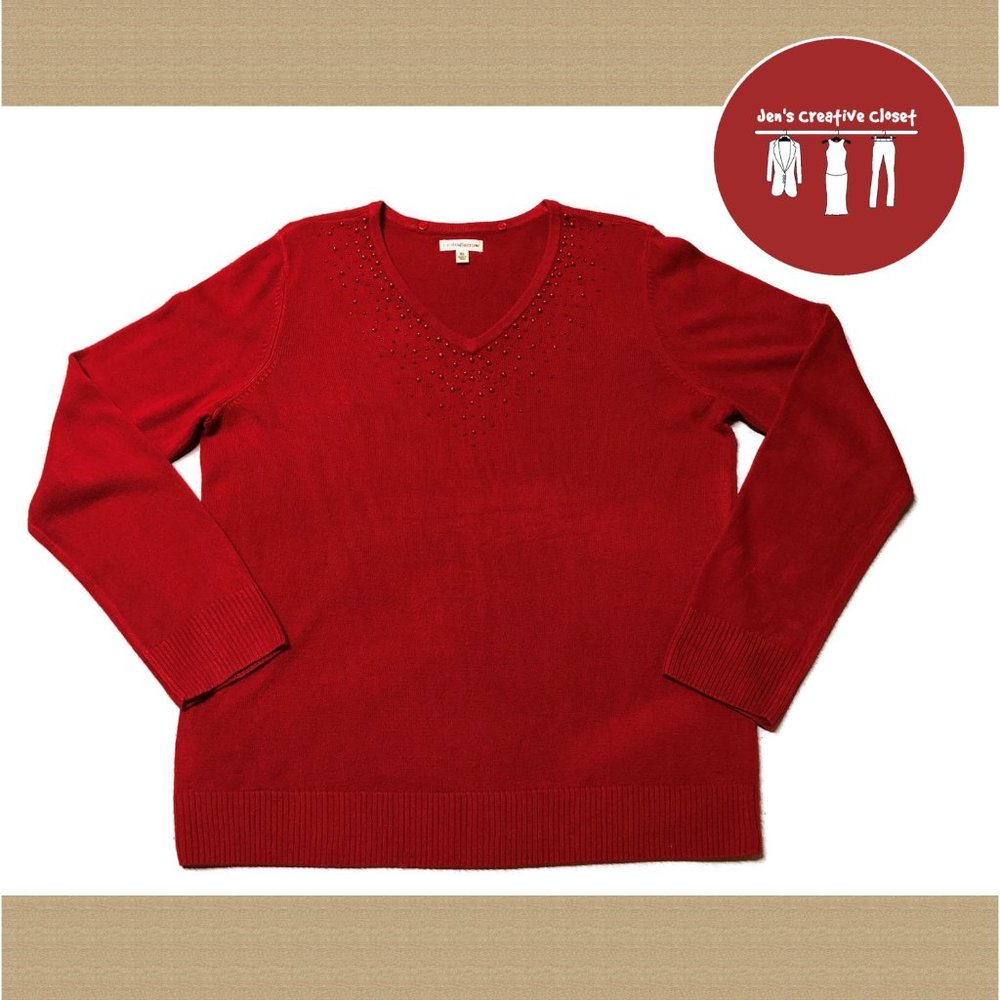 Women's Croft & Barrow Red Beaded V-Neck Long Sleeve Sweater